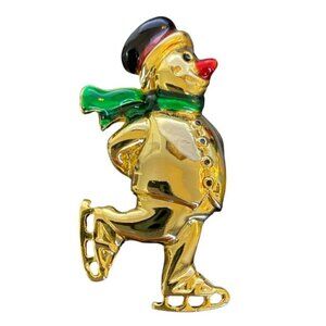 Skating Snowman Brooch Unsigned